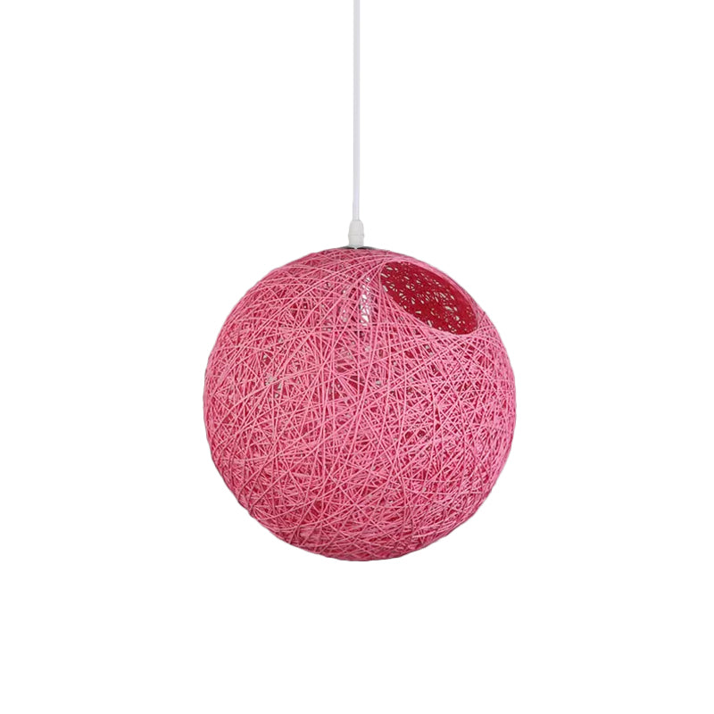 Rattan Globe Suspension Light Contemporary Single-Bulb Blue/Pink/Red Ceiling Pendant Lamp with Cut-out Hole Pink Clearhalo 'Ceiling Lights' 'Modern Pendants' 'Modern' 'Pendant Lights' 'Pendants' Lighting' 1958258