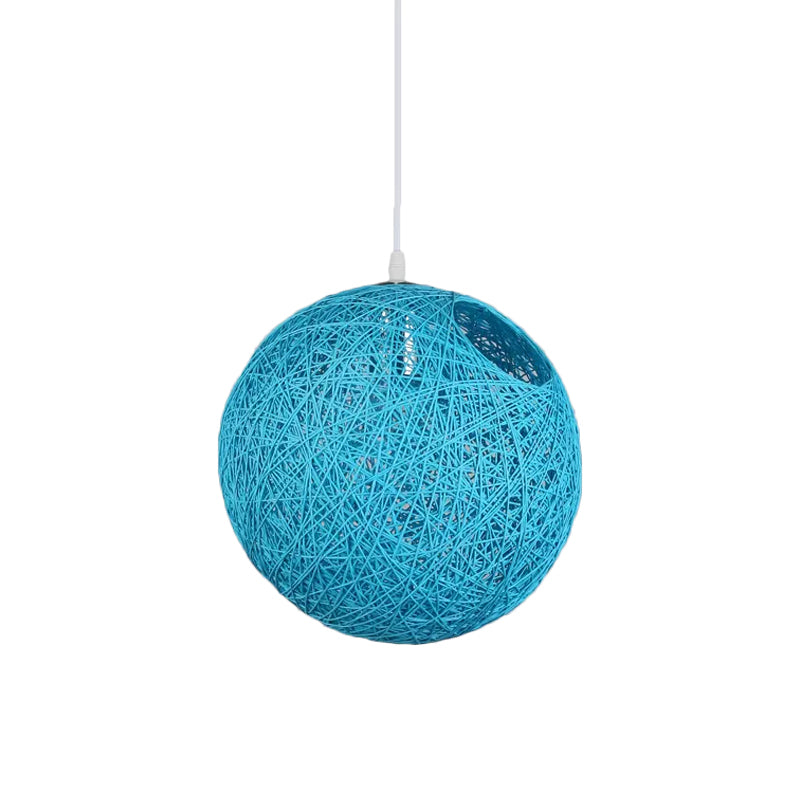Rattan Globe Suspension Light Contemporary Single-Bulb Blue/Pink/Red Ceiling Pendant Lamp with Cut-out Hole Blue Clearhalo 'Ceiling Lights' 'Modern Pendants' 'Modern' 'Pendant Lights' 'Pendants' Lighting' 1958266