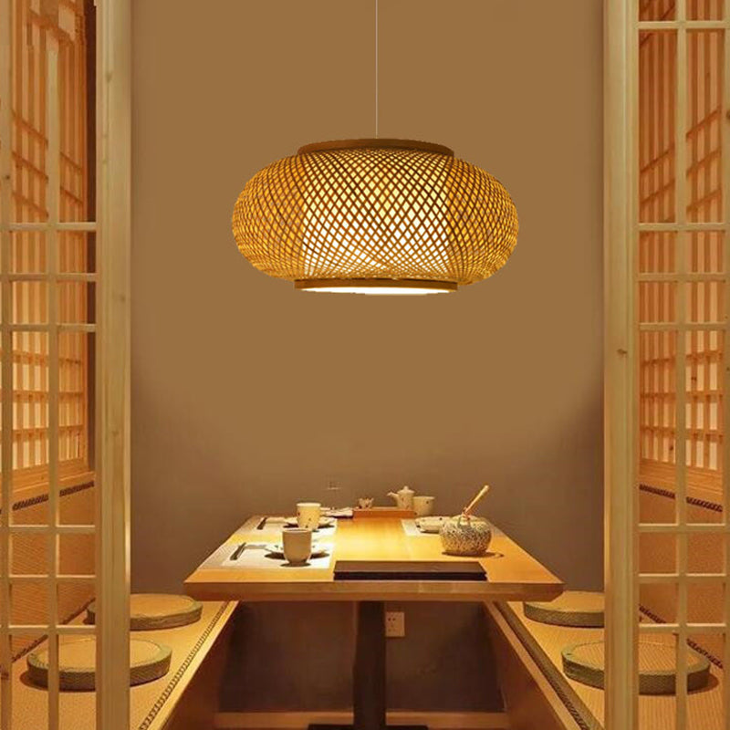 1-Light Restaurant Pendant Lamp Asian Beige Pendulum Light with Round/Oval/Drum Rattan Shade Beige Drum Clearhalo 'Ceiling Lights' 'Modern Pendants' 'Modern' 'Pendant Lights' 'Pendants' Lighting' 1958272