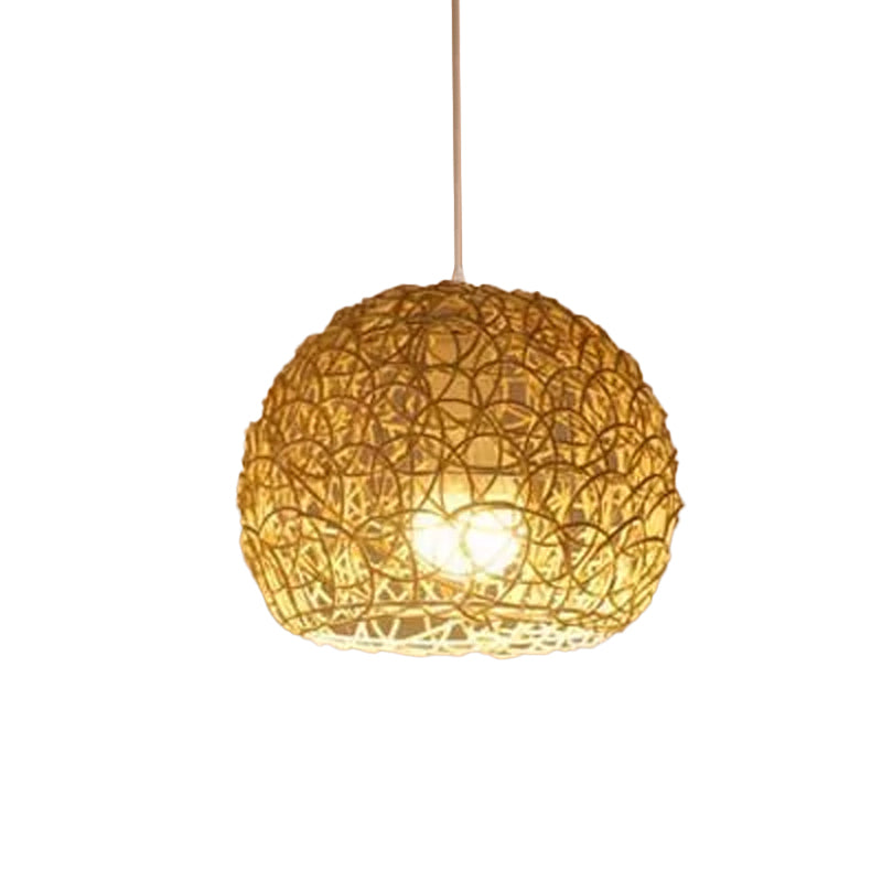 1-Light Restaurant Pendant Lamp Asian Beige Pendulum Light with Round/Oval/Drum Rattan Shade Beige Round Clearhalo 'Ceiling Lights' 'Modern Pendants' 'Modern' 'Pendant Lights' 'Pendants' Lighting' 1958279
