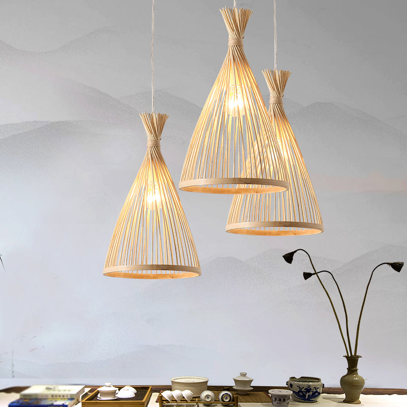 Funnel Restaurant Pendant Light Fixture Wood 1 Head 8"/10"/12" Wide Japanese Style Ceiling Hang Lamp in Beige/Coffee Beige Clearhalo 'Ceiling Lights' 'Modern Pendants' 'Modern' 'Pendant Lights' 'Pendants' Lighting' 1958285