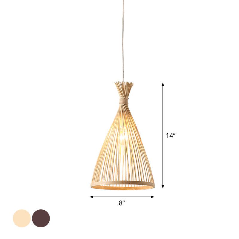 Funnel Restaurant Pendant Light Fixture Wood 1 Head 8"/10"/12" Wide Japanese Style Ceiling Hang Lamp in Beige/Coffee Clearhalo 'Ceiling Lights' 'Modern Pendants' 'Modern' 'Pendant Lights' 'Pendants' Lighting' 1958289
