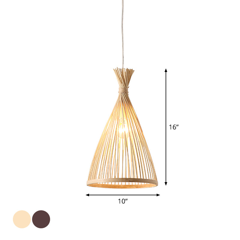 Funnel Restaurant Pendant Light Fixture Wood 1 Head 8"/10"/12" Wide Japanese Style Ceiling Hang Lamp in Beige/Coffee Clearhalo 'Ceiling Lights' 'Modern Pendants' 'Modern' 'Pendant Lights' 'Pendants' Lighting' 1958290