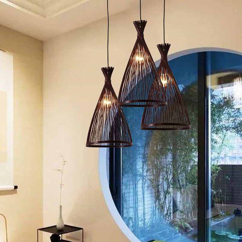 Funnel Restaurant Pendant Light Fixture Wood 1 Head 8"/10"/12" Wide Japanese Style Ceiling Hang Lamp in Beige/Coffee Coffee Clearhalo 'Ceiling Lights' 'Modern Pendants' 'Modern' 'Pendant Lights' 'Pendants' Lighting' 1958292