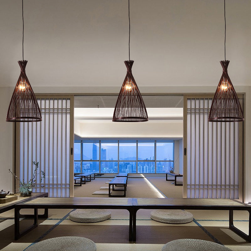 Funnel Restaurant Pendant Light Fixture Wood 1 Head 8"/10"/12" Wide Japanese Style Ceiling Hang Lamp in Beige/Coffee Clearhalo 'Ceiling Lights' 'Modern Pendants' 'Modern' 'Pendant Lights' 'Pendants' Lighting' 1958293