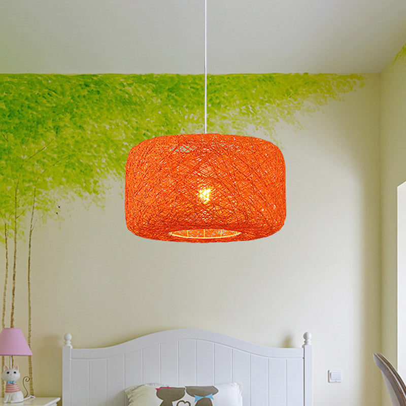Red/Pink/Orange Drum Drop Pendant Macaron 1-Light Rattan Weaving Suspension Lighting for Bistro Clearhalo 'Ceiling Lights' 'Modern Pendants' 'Modern' 'Pendant Lights' 'Pendants' Lighting' 1958322