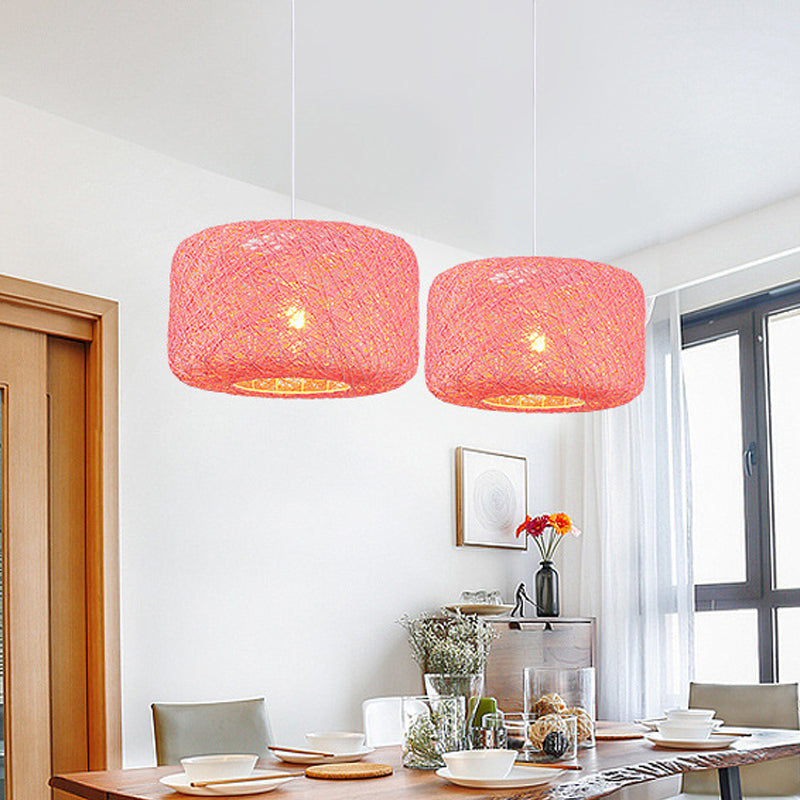 Red/Pink/Orange Drum Drop Pendant Macaron 1-Light Rattan Weaving Suspension Lighting for Bistro Pink Clearhalo 'Ceiling Lights' 'Modern Pendants' 'Modern' 'Pendant Lights' 'Pendants' Lighting' 1958326