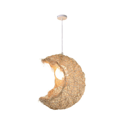 Beige Cone/Crescent/House Pendant Light Asian Style 1 Head Bamboo Woven Hanging Ceiling Light Beige D Clearhalo 'Ceiling Lights' 'Modern Pendants' 'Modern' 'Pendant Lights' 'Pendants' Lighting' 1958378