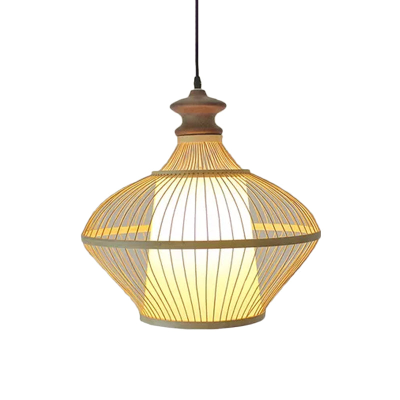 Funnel/Urn/Pear Ceiling Hang Light Asian Bamboo Single-Bulb Tearoom Hanging Pendant in Beige Beige D Clearhalo 'Ceiling Lights' 'Modern Pendants' 'Modern' 'Pendant Lights' 'Pendants' Lighting' 1958463
