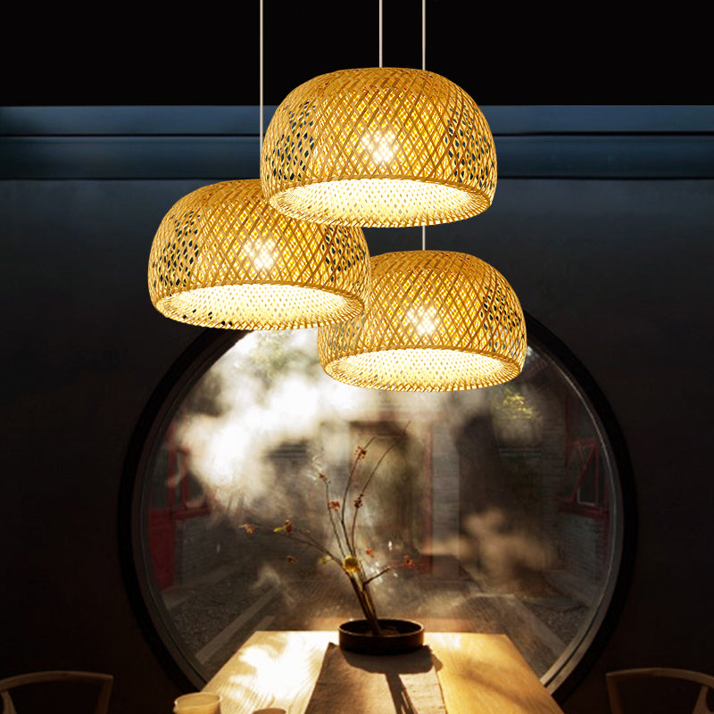Cross-Weaving Dome Bamboo Pendant Lighting Chinese 1 Light Beige Hanging Ceiling Light over Table, 12"/14"/23.5" W Beige Clearhalo 'Ceiling Lights' 'Modern Pendants' 'Modern' 'Pendant Lights' 'Pendants' Lighting' 1958466