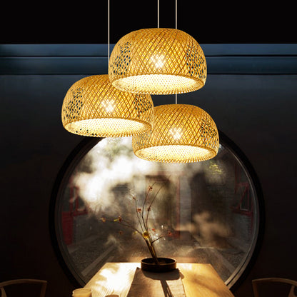 Cross-Weaving Dome Bamboo Pendant Lighting Chinese 1 Light Beige Hanging Ceiling Light over Table, 12"/14"/23.5" W Beige Clearhalo 'Ceiling Lights' 'Modern Pendants' 'Modern' 'Pendant Lights' 'Pendants' Lighting' 1958466