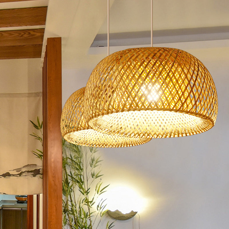 Cross-Weaving Dome Bamboo Pendant Lighting Chinese 1 Light Beige Hanging Ceiling Light over Table, 12"/14"/23.5" W Clearhalo 'Ceiling Lights' 'Modern Pendants' 'Modern' 'Pendant Lights' 'Pendants' Lighting' 1958467
