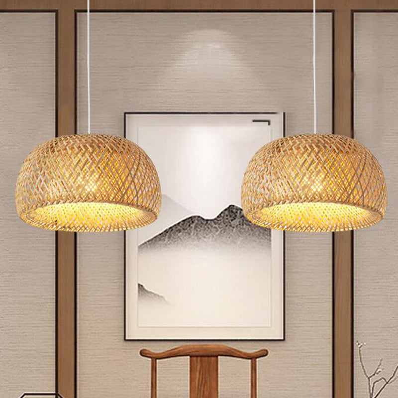 Cross-Weaving Dome Bamboo Pendant Lighting Chinese 1 Light Beige Hanging Ceiling Light over Table, 12"/14"/23.5" W Clearhalo 'Ceiling Lights' 'Modern Pendants' 'Modern' 'Pendant Lights' 'Pendants' Lighting' 1958468