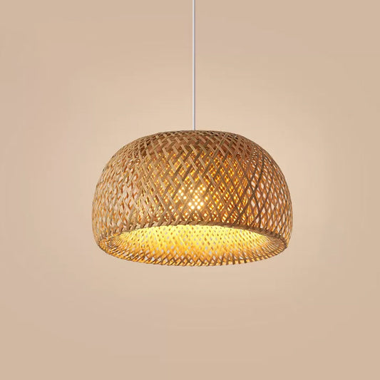 Cross-Weaving Dome Bamboo Pendant Lighting Chinese 1 Light Beige Hanging Ceiling Light over Table, 12"/14"/23.5" W Clearhalo 'Ceiling Lights' 'Modern Pendants' 'Modern' 'Pendant Lights' 'Pendants' Lighting' 1958470