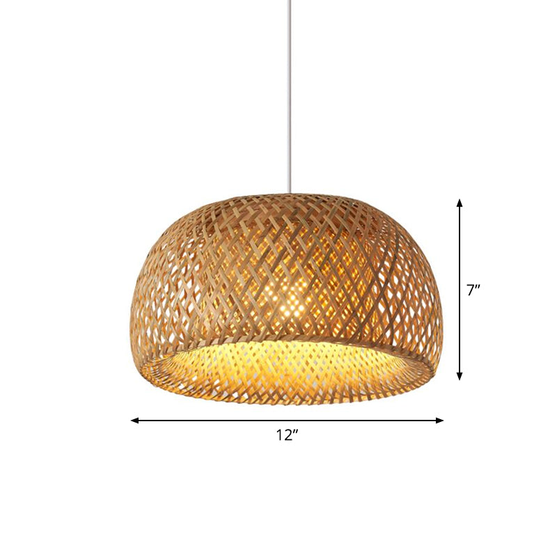 Cross-Weaving Dome Bamboo Pendant Lighting Chinese 1 Light Beige Hanging Ceiling Light over Table, 12"/14"/23.5" W Clearhalo 'Ceiling Lights' 'Modern Pendants' 'Modern' 'Pendant Lights' 'Pendants' Lighting' 1958471