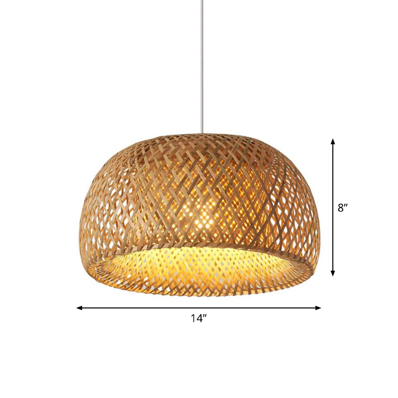 Cross-Weaving Dome Bamboo Pendant Lighting Chinese 1 Light Beige Hanging Ceiling Light over Table, 12"/14"/23.5" W Clearhalo 'Ceiling Lights' 'Modern Pendants' 'Modern' 'Pendant Lights' 'Pendants' Lighting' 1958472