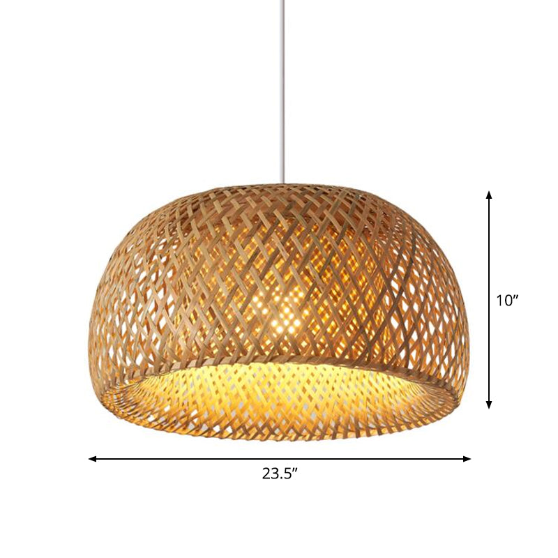 Cross-Weaving Dome Bamboo Pendant Lighting Chinese 1 Light Beige Hanging Ceiling Light over Table, 12"/14"/23.5" W Clearhalo 'Ceiling Lights' 'Modern Pendants' 'Modern' 'Pendant Lights' 'Pendants' Lighting' 1958474