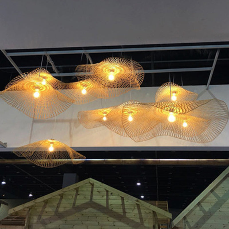 Asian Lotus Leaf Shape Pendant Lighting Bamboo 1 Bulb 14"/25.5"/41" Wide Restaurant Hanging Light Fixture in Beige Clearhalo 'Ceiling Lights' 'Modern Pendants' 'Modern' 'Pendant Lights' 'Pendants' Lighting' 1958476