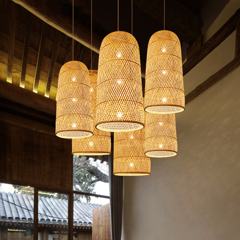 Bell/Bowl/Bottle Hallway Drop Pendant Criss-Cross Woven Bamboo Single-Bulb Asian Hanging Lamp in Beige Beige A Clearhalo 'Ceiling Lights' 'Modern Pendants' 'Modern' 'Pendant Lights' 'Pendants' Lighting' 1958492