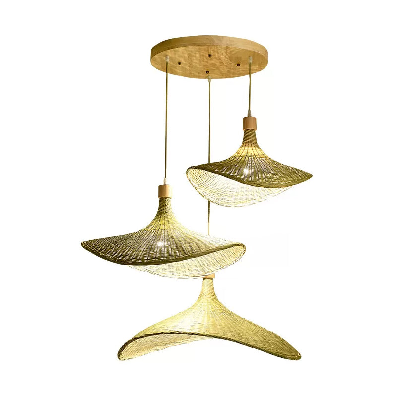 Floppy Hat Shaped Pendant Lamp Modern Bamboo 12.5"/17"/29" Wide 1/3-Light Beige Hanging Light Fixture for Tearoom 3 Beige 33.5" Clearhalo 'Ceiling Lights' 'Modern Pendants' 'Modern' 'Pendant Lights' 'Pendants' Lighting' 1958535