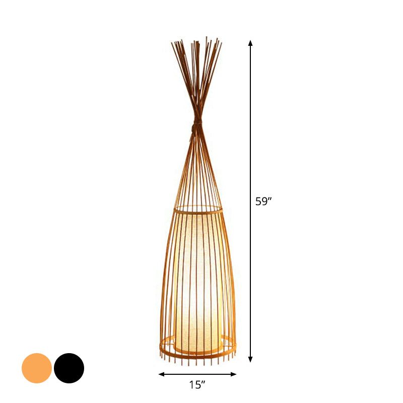Black/Beige Fish Shaped Floor Light Asia Single-Bulb Bamboo Stand Up Lamp for Living Room, 12"/15" W Clearhalo 'Floor Lamps' 'Lamps' Lighting' 1958547