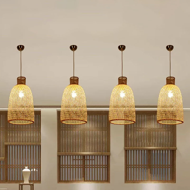 1 Head Bistro Pendulum Light Asian Beige Hanging Pendant Light with Bowl/Jar/Cloche Bamboo Shade Beige B Clearhalo 'Ceiling Lights' 'Modern Pendants' 'Modern' 'Pendant Lights' 'Pendants' Lighting' 1958569