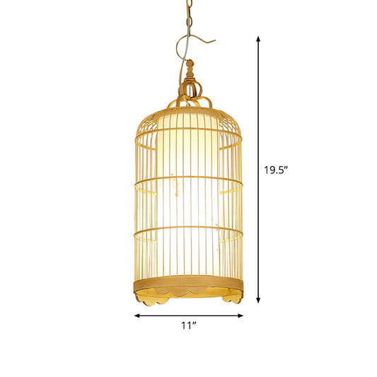 Birdcage Dining Room Ceiling Light Bamboo 9.5"/14"/16" Wide 1-Light Asian Pendant Light Fixture in Beige Clearhalo 'Ceiling Lights' 'Modern Pendants' 'Modern' 'Pendant Lights' 'Pendants' Lighting' 1958674