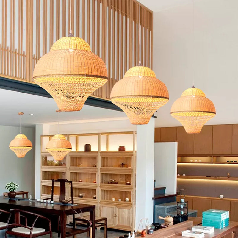 Chinese Gourd/Basket Shaped Drop Pendant Bamboo Woven Single-Bulb Dining Room Suspension Lamp in Beige Beige B Clearhalo 'Ceiling Lights' 'Modern Pendants' 'Modern' 'Pendant Lights' 'Pendants' Lighting' 1958706