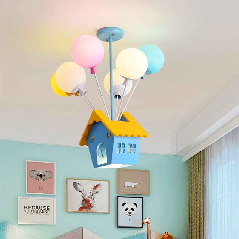 Wood House Pendant Light with Colorful Balloon 7 Heads Cartoon Chandelier in Blue for Child Room Blue Clearhalo 'Ceiling Lights' 'Chandeliers' 'Glass shade' 'Glass' 'Pendant Lights' Lighting' 195886