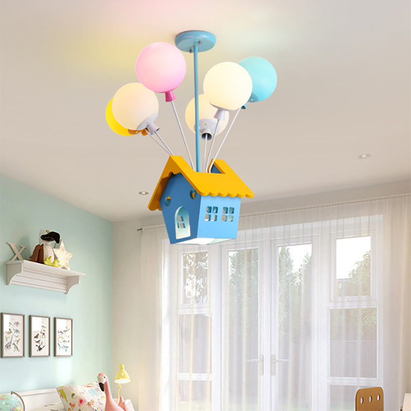 Wood House Pendant Light with Colorful Balloon 7 Heads Cartoon Chandelier in Blue for Child Room Clearhalo 'Ceiling Lights' 'Chandeliers' 'Glass shade' 'Glass' 'Pendant Lights' Lighting' 195887