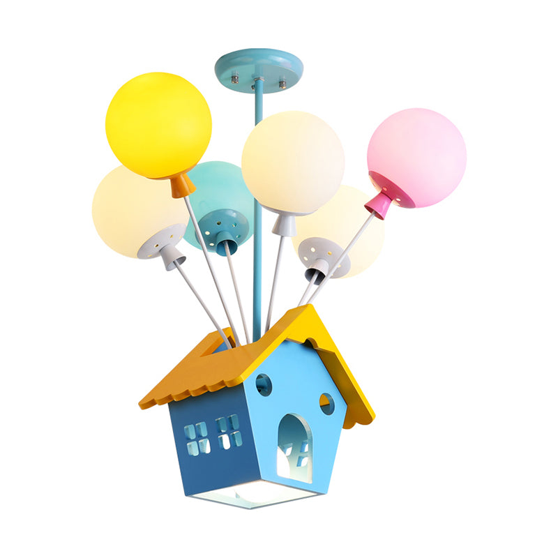 Wood House Pendant Light with Colorful Balloon 7 Heads Cartoon Chandelier in Blue for Child Room Clearhalo 'Ceiling Lights' 'Chandeliers' 'Glass shade' 'Glass' 'Pendant Lights' Lighting' 195888