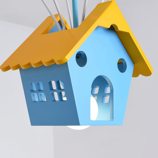 Wood House Pendant Light with Colorful Balloon 7 Heads Cartoon Chandelier in Blue for Child Room Clearhalo 'Ceiling Lights' 'Chandeliers' 'Glass shade' 'Glass' 'Pendant Lights' Lighting' 195890