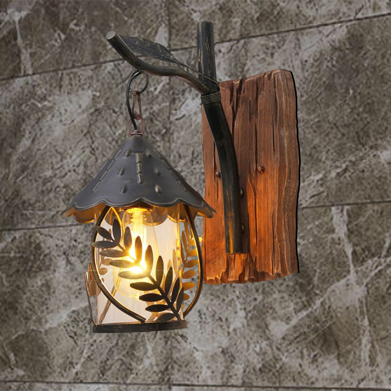 One Bulb Wall Light with Cylindrical Shade Clear Glass Industrial Living Room Sconce with Leaf Branch in Black Clearhalo 'Art deco wall lights' 'Cast Iron' 'Glass' 'Industrial wall lights' 'Industrial' 'Middle century wall lights' 'Modern' 'Rustic wall lights' 'Tiffany' 'Traditional wall lights' 'Wall Lamps & Sconces' 'Wall Lights' Lighting' 1959418