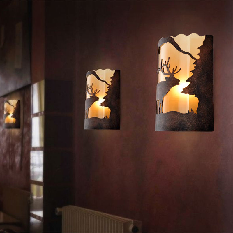 Rust One Light Sconce Light Retro Metal Half Cylinder Lighting Fixture with Tree/Elk Pattern Clearhalo 'Art deco wall lights' 'Cast Iron' 'Glass' 'Industrial wall lights' 'Industrial' 'Middle century wall lights' 'Modern' 'Rustic wall lights' 'Tiffany' 'Traditional wall lights' 'Wall Lamps & Sconces' 'Wall Lights' Lighting' 1959425