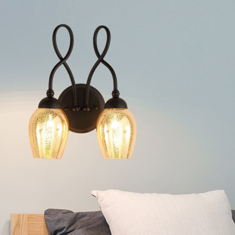 1/2-Light Wall Sconce Lighting Curved Arm Crackled Mercury Glass Industrial Bedroom Light Fixture in Black Clearhalo 'Art deco wall lights' 'Cast Iron' 'Glass' 'Industrial wall lights' 'Industrial' 'Middle century wall lights' 'Modern' 'Rustic wall lights' 'Tiffany' 'Traditional wall lights' 'Wall Lamps & Sconces' 'Wall Lights' Lighting' 1959437