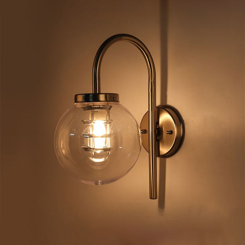 1 Light Globe Sconce Light Vintage Black/Stainless-Steel Clear Glass Wall Lamp for Bedroom with Gooseneck Clearhalo 'Art deco wall lights' 'Cast Iron' 'Glass' 'Industrial wall lights' 'Industrial' 'Middle century wall lights' 'Modern' 'Rustic wall lights' 'Tiffany' 'Traditional wall lights' 'Wall Lamps & Sconces' 'Wall Lights' Lighting' 1959440