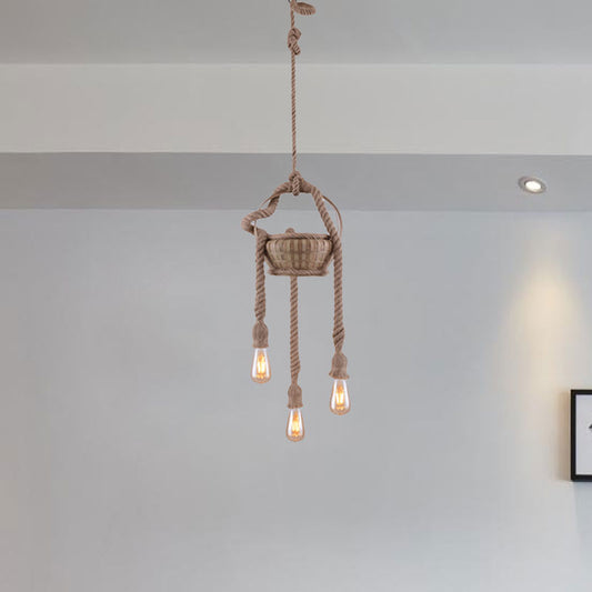 Beige Hemp Rope Chandeliers Antique Basket Bare Bulb Hanging Light for Living Room Clearhalo 'Ceiling Lights' 'Chandeliers' 'Industrial Chandeliers' 'Industrial' 'Middle Century Chandeliers' 'Tiffany' Lighting' 1959558