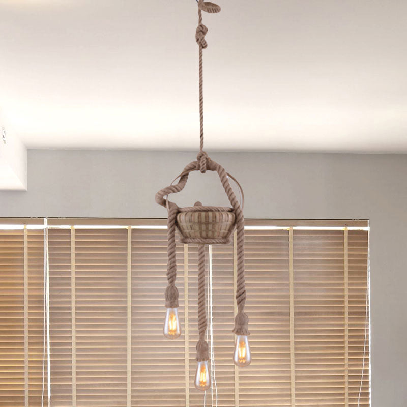 Beige Hemp Rope Chandeliers Antique Basket Bare Bulb Hanging Light for Living Room Clearhalo 'Ceiling Lights' 'Chandeliers' 'Industrial Chandeliers' 'Industrial' 'Middle Century Chandeliers' 'Tiffany' Lighting' 1959559