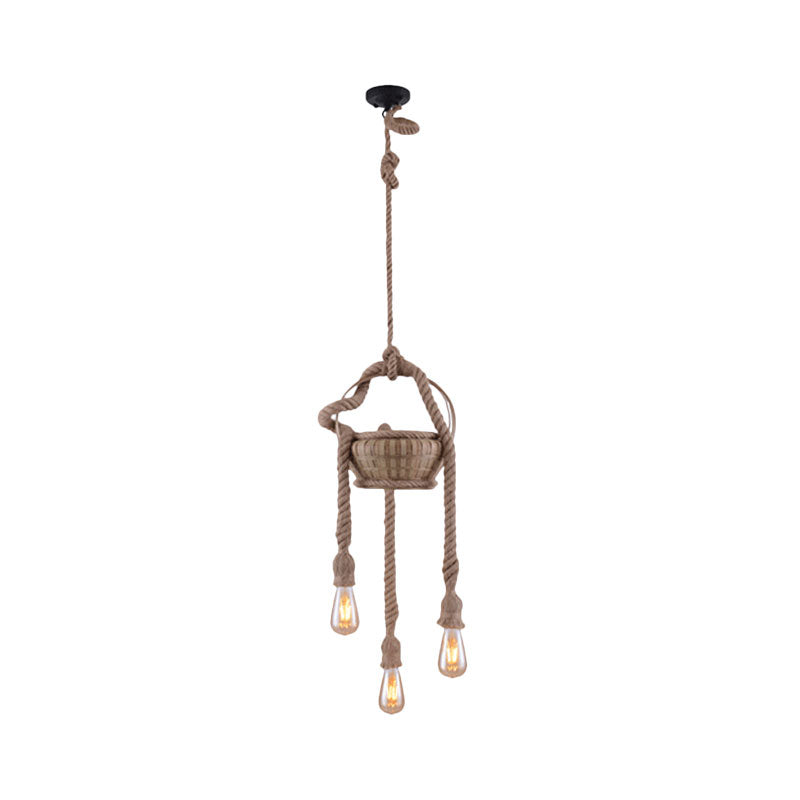 Beige Hemp Rope Chandeliers Antique Basket Bare Bulb Hanging Light for Living Room Clearhalo 'Ceiling Lights' 'Chandeliers' 'Industrial Chandeliers' 'Industrial' 'Middle Century Chandeliers' 'Tiffany' Lighting' 1959560