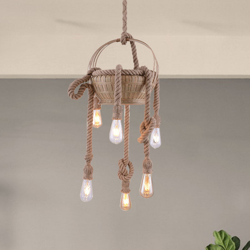 Beige Hemp Rope Chandeliers Antique Basket Bare Bulb Hanging Light for Living Room Clearhalo 'Ceiling Lights' 'Chandeliers' 'Industrial Chandeliers' 'Industrial' 'Middle Century Chandeliers' 'Tiffany' Lighting' 1959563