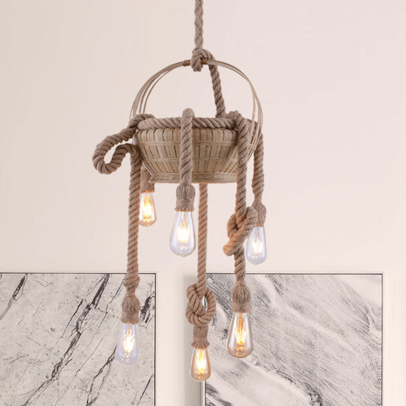 Beige Hemp Rope Chandeliers Antique Basket Bare Bulb Hanging Light for Living Room Clearhalo 'Ceiling Lights' 'Chandeliers' 'Industrial Chandeliers' 'Industrial' 'Middle Century Chandeliers' 'Tiffany' Lighting' 1959564
