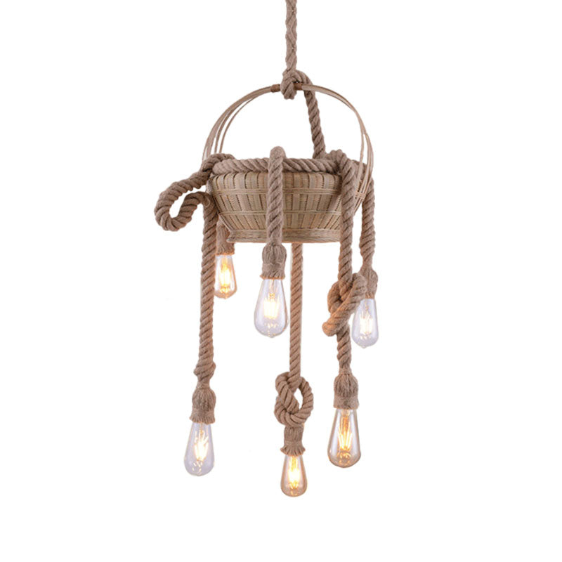 Beige Hemp Rope Chandeliers Antique Basket Bare Bulb Hanging Light for Living Room Clearhalo 'Ceiling Lights' 'Chandeliers' 'Industrial Chandeliers' 'Industrial' 'Middle Century Chandeliers' 'Tiffany' Lighting' 1959565
