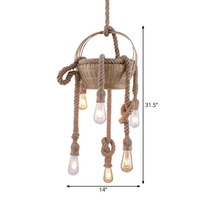 Beige Hemp Rope Chandeliers Antique Basket Bare Bulb Hanging Light for Living Room Clearhalo 'Ceiling Lights' 'Chandeliers' 'Industrial Chandeliers' 'Industrial' 'Middle Century Chandeliers' 'Tiffany' Lighting' 1959566