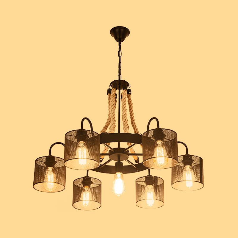 Cylinder Mesh Metal Shade Chandelier Lamp Vintage Style 6 Heads Restaurant Hanging Light in Beige Clearhalo 'Cast Iron' 'Ceiling Lights' 'Chandeliers' 'Industrial Chandeliers' 'Industrial' 'Metal' 'Middle Century Chandeliers' 'Rustic Chandeliers' 'Tiffany' Lighting' 1959570
