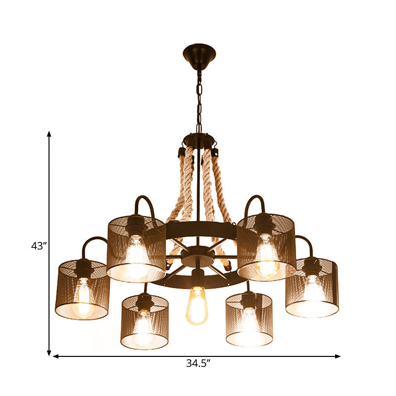 Cylinder Mesh Metal Shade Chandelier Lamp Vintage Style 6 Heads Restaurant Hanging Light in Beige Clearhalo 'Cast Iron' 'Ceiling Lights' 'Chandeliers' 'Industrial Chandeliers' 'Industrial' 'Metal' 'Middle Century Chandeliers' 'Rustic Chandeliers' 'Tiffany' Lighting' 1959571