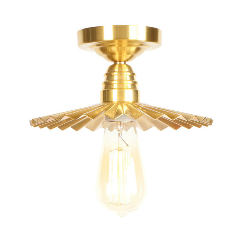 1 Bulb Radial Wave Semi Flush Light Industrial Style Brass Metal Semi Flush Mount Light with/without Switch Brass No Switch Clearhalo 'Ceiling Lights' 'Close To Ceiling Lights' 'Close to ceiling' 'Semi-flushmount' Lighting' 19596