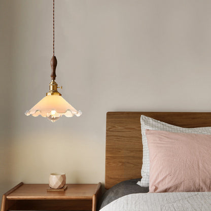 Farmhouse Scalloped Pendant Lamp 1 Light White Glass Hanging Light Fixture in Brass White Clearhalo 'Ceiling Lights' 'Chandeliers' 'Glass shade' 'Glass' 'Industrial Pendants' 'Industrial' 'Middle Century Pendants' 'Pendant Lights' 'Pendants' 'Tiffany' Lighting' 1959607