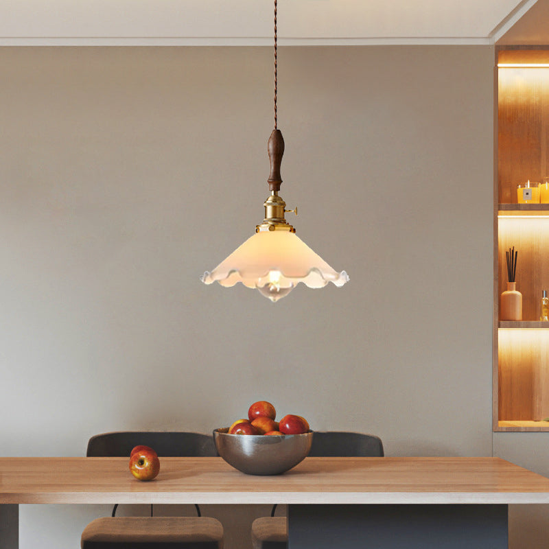 Farmhouse Scalloped Pendant Lamp 1 Light White Glass Hanging Light Fixture in Brass Clearhalo 'Ceiling Lights' 'Chandeliers' 'Glass shade' 'Glass' 'Industrial Pendants' 'Industrial' 'Middle Century Pendants' 'Pendant Lights' 'Pendants' 'Tiffany' Lighting' 1959608