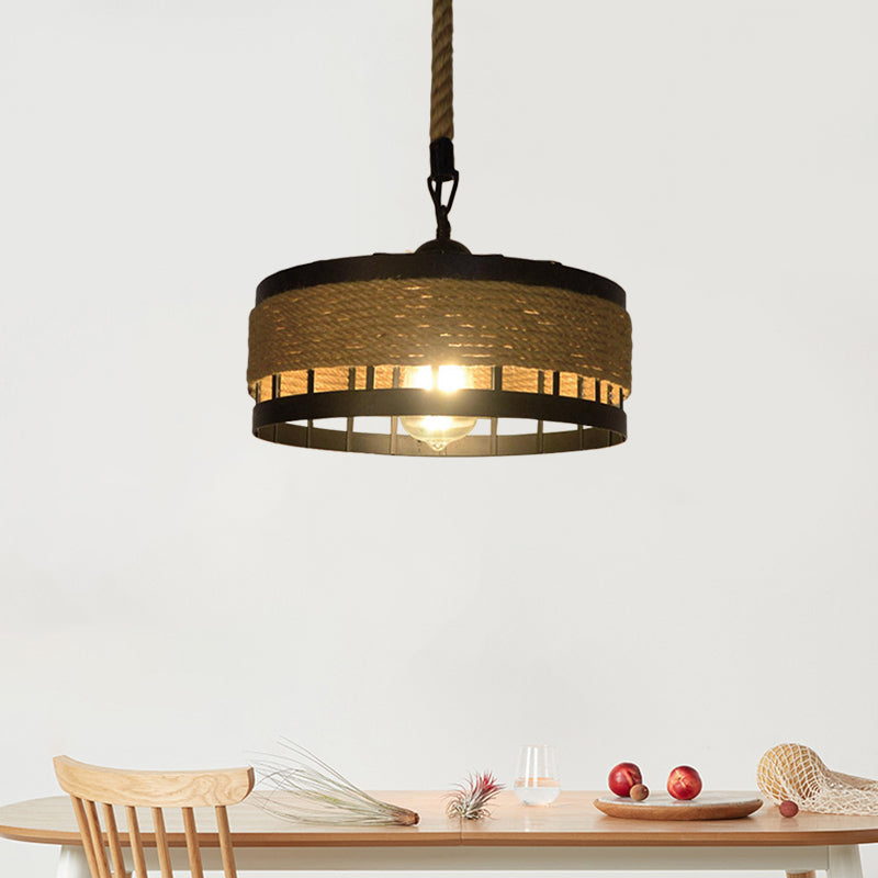 Hemp Rope Drum Suspended Light Country Style 12"/16" Wide 1 Head Restaurant Hanging Lamp in Beige Clearhalo 'Art Deco Pendants' 'Cast Iron' 'Ceiling Lights' 'Ceramic' 'Crystal' 'Industrial Pendants' 'Industrial' 'Metal' 'Middle Century Pendants' 'Pendant Lights' 'Pendants' 'Tiffany' Lighting' 1959613