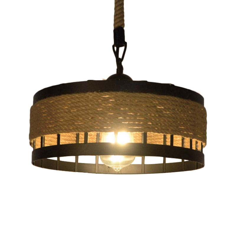 Hemp Rope Drum Suspended Light Country Style 12"/16" Wide 1 Head Restaurant Hanging Lamp in Beige Clearhalo 'Art Deco Pendants' 'Cast Iron' 'Ceiling Lights' 'Ceramic' 'Crystal' 'Industrial Pendants' 'Industrial' 'Metal' 'Middle Century Pendants' 'Pendant Lights' 'Pendants' 'Tiffany' Lighting' 1959615